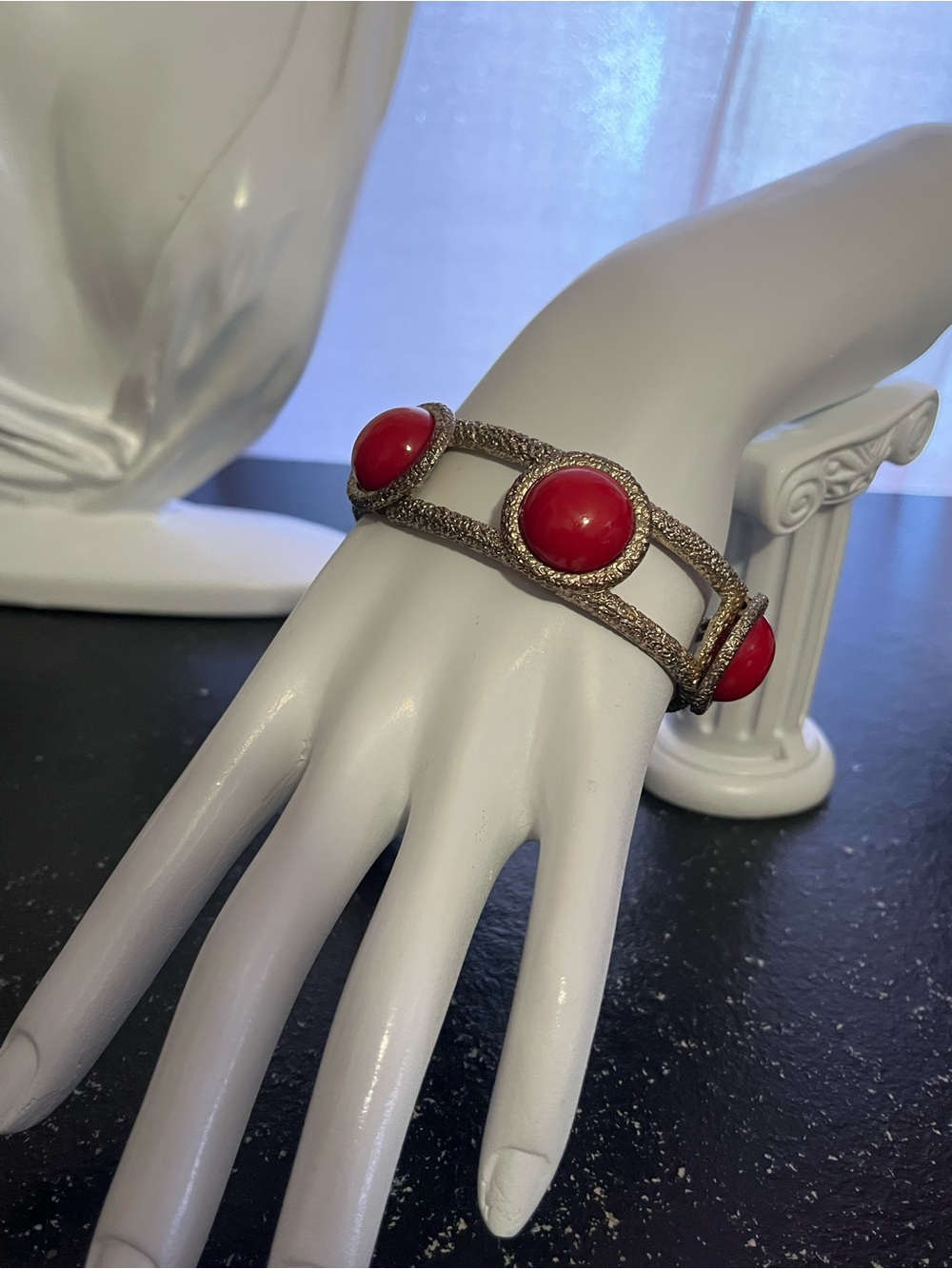 Vintage Brushed Gold-Tone Elastic Bangle With Red Cabochon Stones